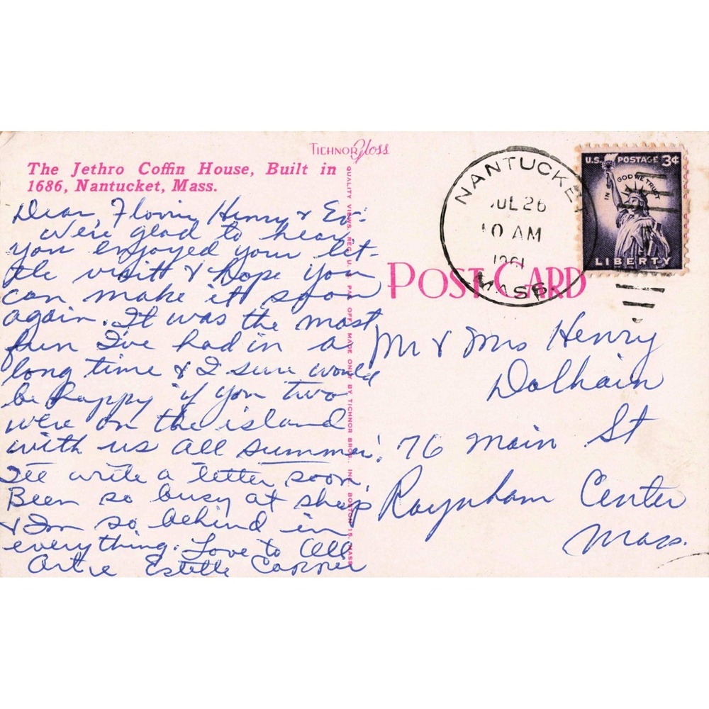 Vintage Jethro Coffin House Nantucket Mass Postcard Tichnor Gloss 1686 Saltbox - Picture 2 of 2